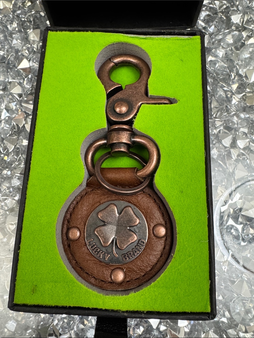 Lucky Brand Brown Leather Clover Key Chain with Antiqued Copper Hardware NEW